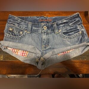 Vintage American Eagle Cut-off Denim Shorts with plaid pockets